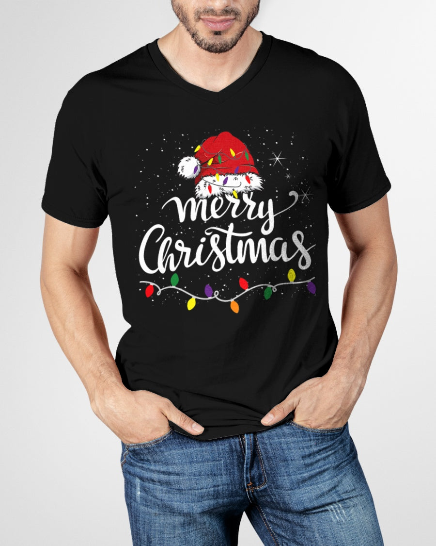 Merry Christmas Lights Red Santa Hat Xmas Family Men Women T-Shirt (SKU-MRCM-3) FMA male