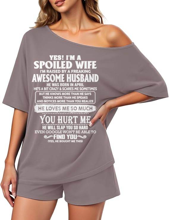 Off-center collar top and shorts set A09-763. APRIL, I'M A SPOILED WIFE OF AN AWESOME MAN - GIFT SHIRT FROM HUSBAND TO WIFE (SKU2607-188-04)