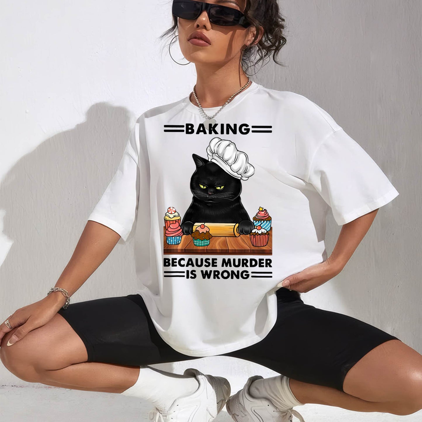 Black Cat Baking Because Murder is Wrong cat Lover T-Shirt