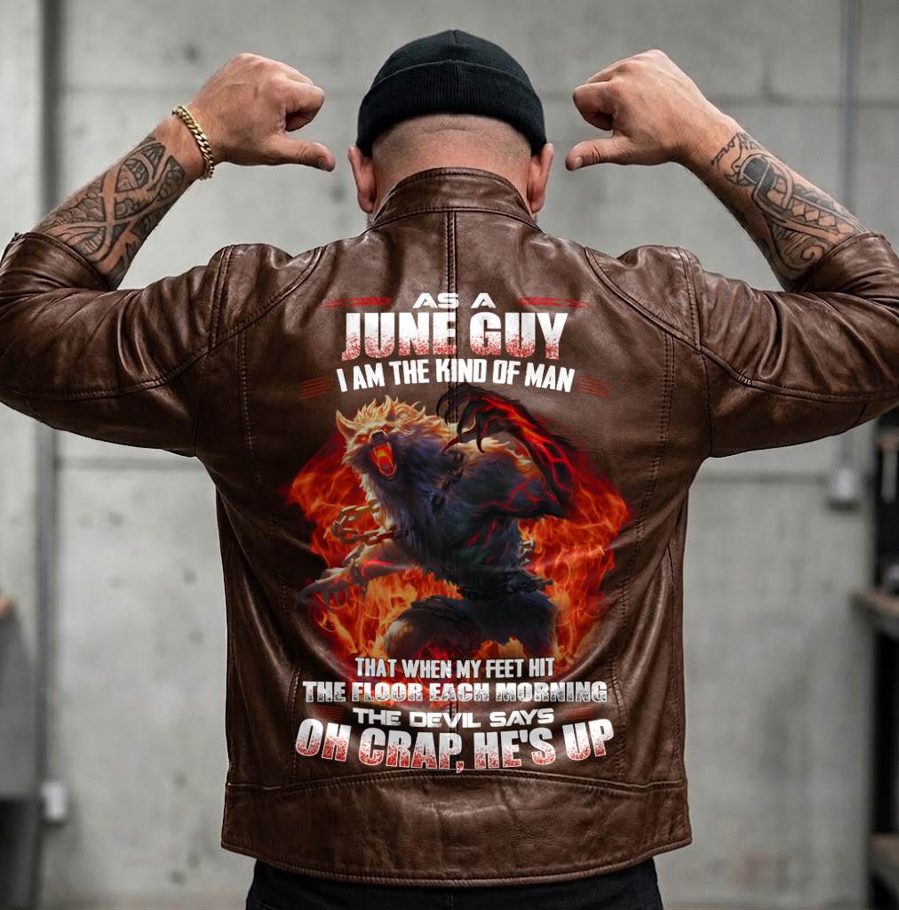 JUNE Motorcycle Leather Jacket A09-258-THE DEVIL SAYS OH CRAP, HE'S UP - SNOW MALE06 (SKU2607-59-06)