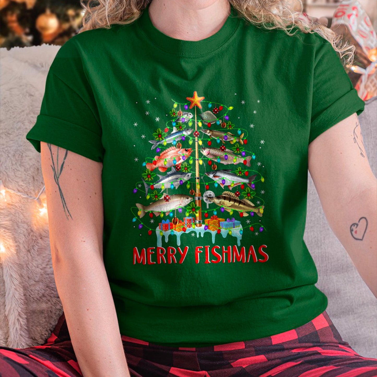 Merry Fishmas Funny Christmas Tree Lights Fish Fishing Rod T-Shirt for men women (SKU-MRCM-2) FMA male