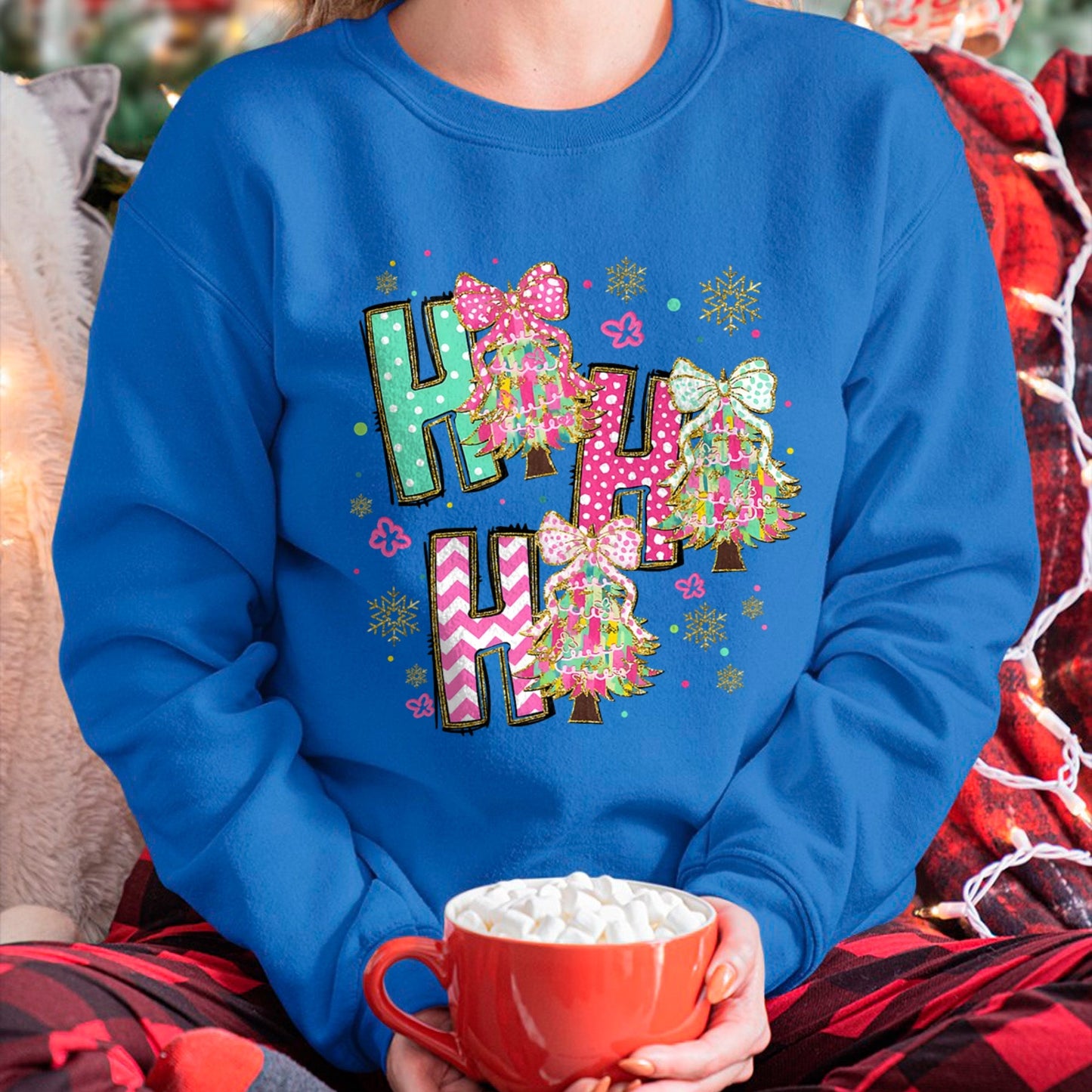 HO HO HO Merry Christmas Coquette Bow Xmas Trees Holiday T-Shirt (SKU-MRCM-11) FMA