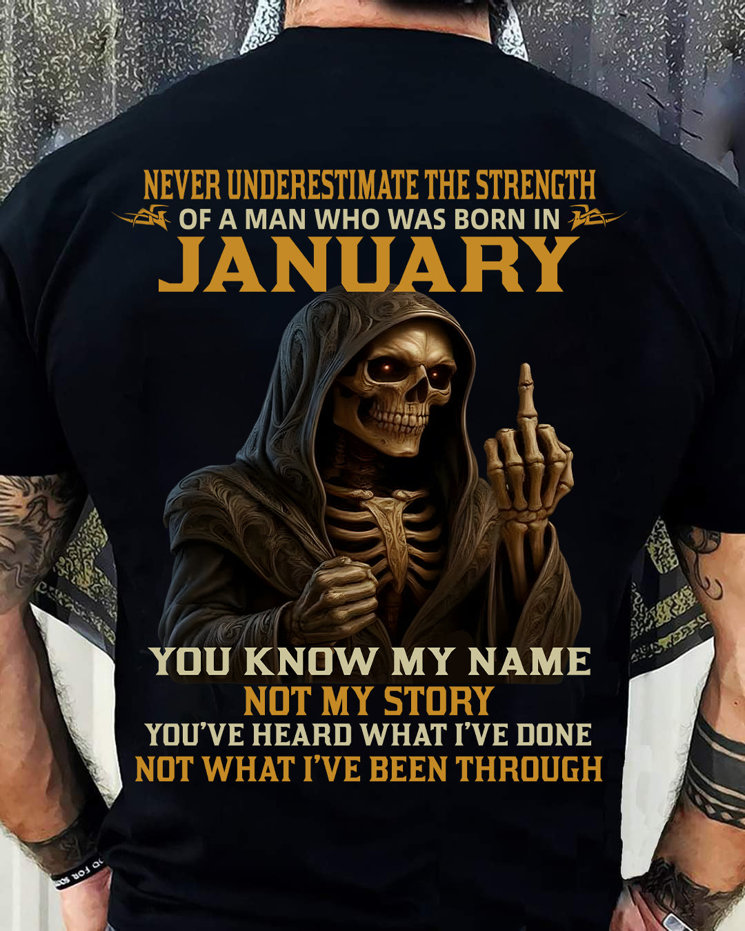 JANUARY - NEVER UNDERESTIMATE - BIRTHDAY T-SHIRT FOR MEN - SNOW01 (SKU26T-01-06-01)