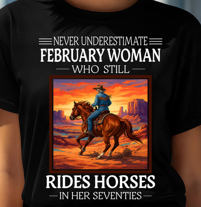 FEBRUARY SHIRT, A WOMAN WHO STILL RIDES HORSES IN HER SEVENTIES - SNOW02 (SKU2604-289-02)