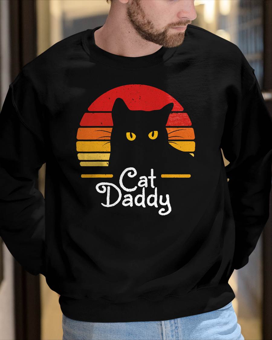 Cat Daddy Retro 70s 80s Black Cat Men Funny Cat Dad Gifts T-Shirt
