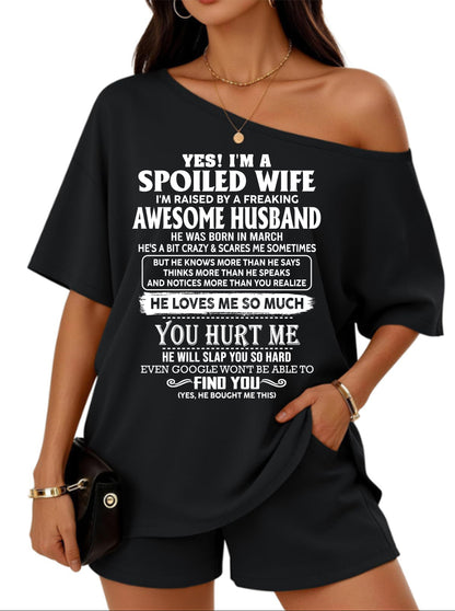 Off-center collar top and shorts set A09-763. MARCH, I'M A SPOILED WIFE OF AN AWESOME MAN - GIFT SHIRT FROM HUSBAND TO WIFE (SKU2607-188-03)