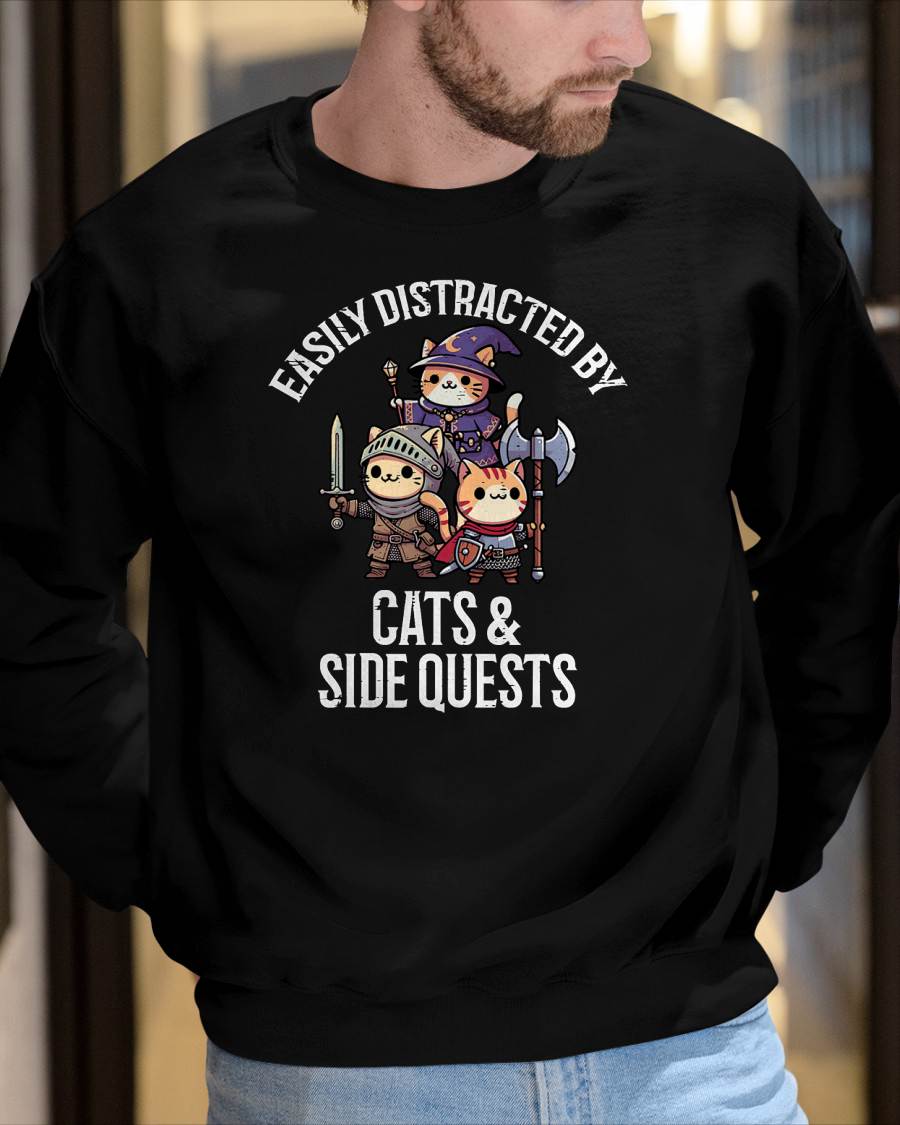 Gamer Easily Distracted by Cats Side Quests Men Boys Kids T-Shirt