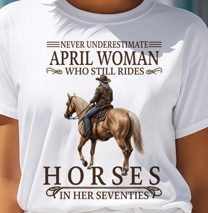 APRIL SHIRT, A WOMAN WHO STILL RIDES HORSES IN HER SEVENTIES - SNOW04 (SKU2604-287-04)