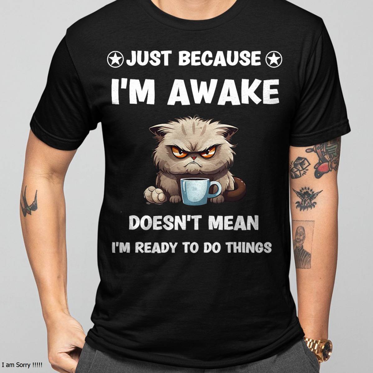 Just Because I'm Awake Funny Cat With Coffee for Tweens T-Shirt