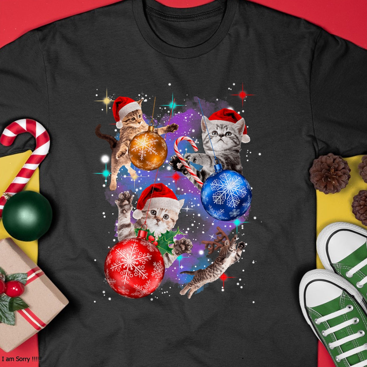 Cute Christmas Cats In Space Ornaments Graphic T-Shirt - Christmas Unisex T-Shirt/Hoodie/Sweatshirt - SNOW00