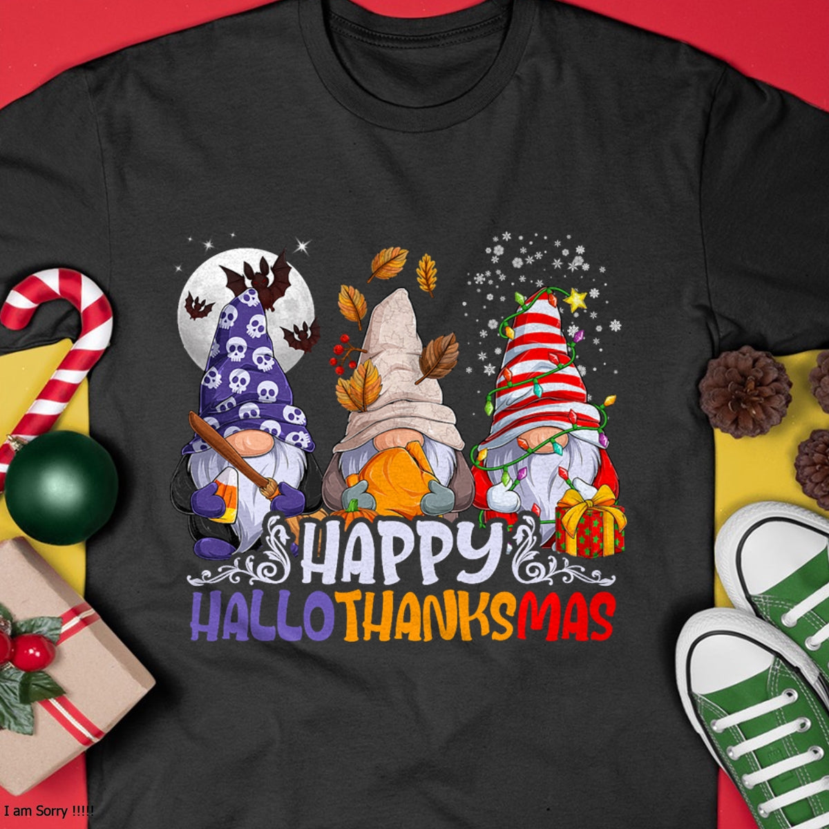 HalloThanksMas Gnomes Halloween Thanksgiving Christmas Happy T-Shirt - Christmas Unisex T-Shirt/Hoodie/Sweatshirt - SNOW00