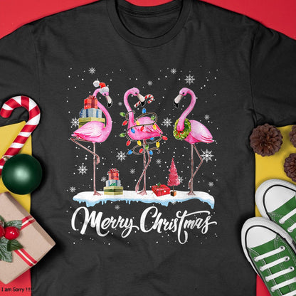 Merry Christmas Hat Santa Flamingo Light Christmas Snow T-Shirt - Christmas Unisex T-Shirt/Hoodie/Sweatshirt - SNOW00