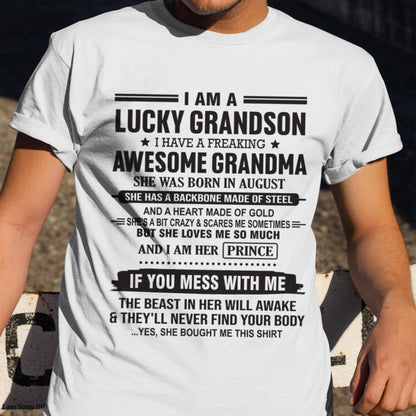 I Am A Lucky Grandson T-Shirt – Birthday Gift From August Grandma / Woman - snow08 (SKU11-29-08)