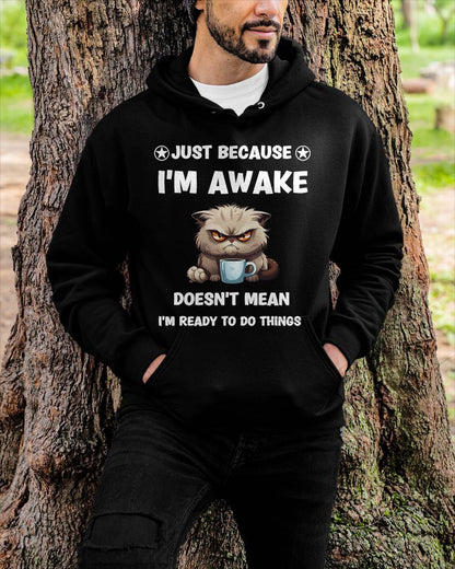 Just Because I'm Awake Funny Cat With Coffee for Tweens T-Shirt
