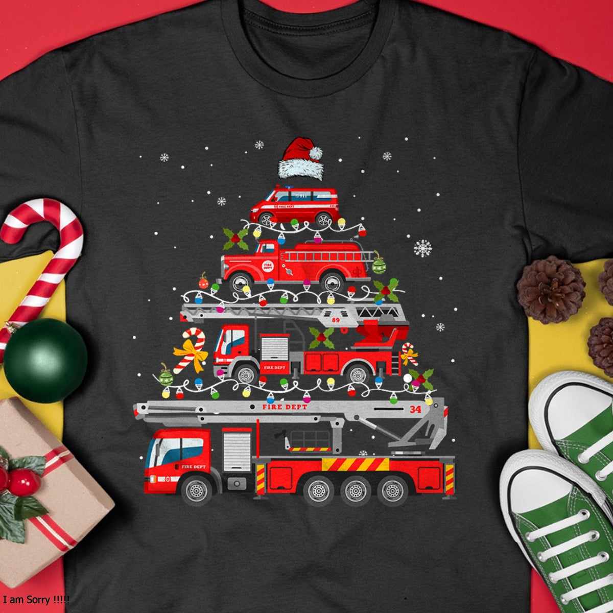 Firefighter Fire Truck Christmas Tree Lights Santa Fireman T-Shirt - Christmas Unisex T-Shirt/Hoodie/Sweatshirt - SNOW00