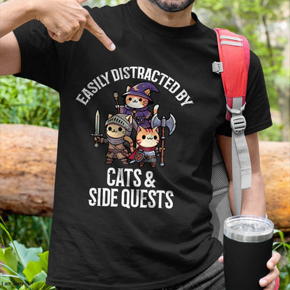 Gamer Easily Distracted by Cats Side Quests Men Boys Kids T-Shirt