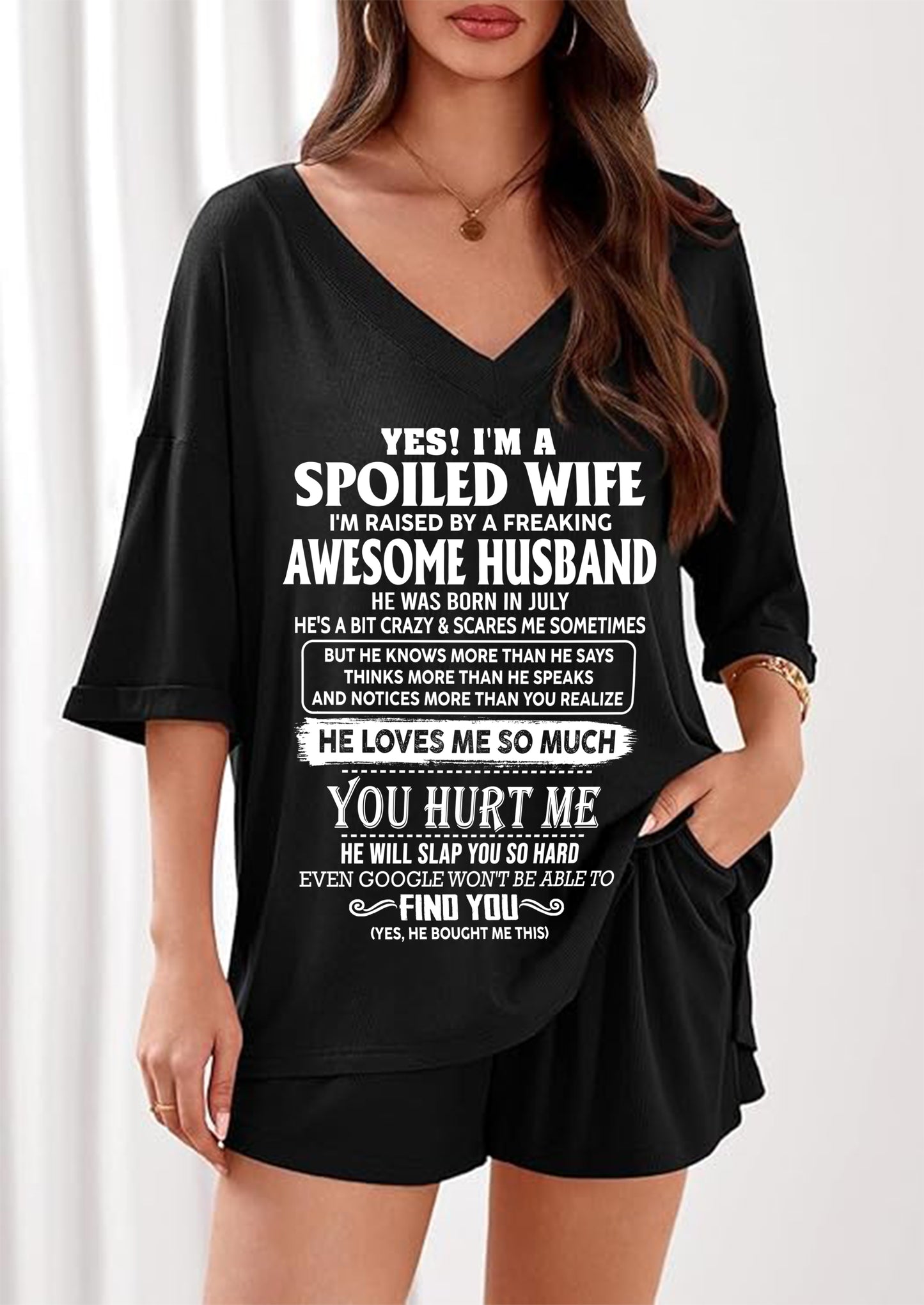 Ribbed V-Neck Lounge Set A09-764. JULY, I'M A SPOILED WIFE OF AN AWESOME MAN - GIFT SHIRT FROM HUSBAND TO WIFE (SKU2607-175-07)