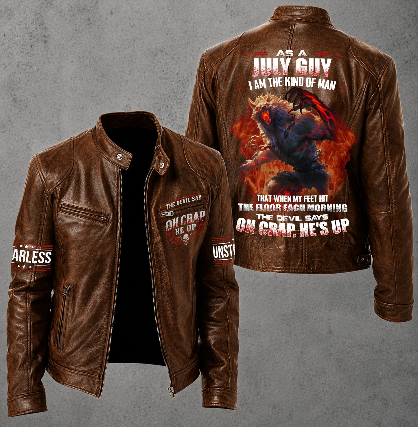 AUGUST Motorcycle Leather Jacket A09-258-THE DEVIL SAYS OH CRAP, HE'S UP - SNOW MALE08 (SKU2607-59-08)