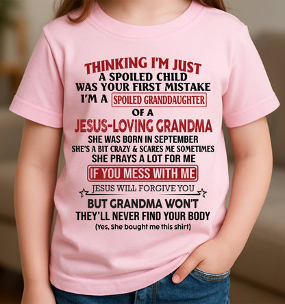 Christian Girl Shirt – Spoiled by Grandma September Edition – From Grandma to Granddaughter snow09 (SKU07-181-09)