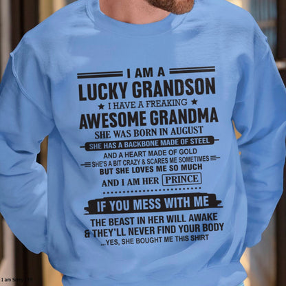 I Am A Lucky Grandson T-Shirt – Birthday Gift From August Grandma / Woman - snow08 (SKU11-29-08)