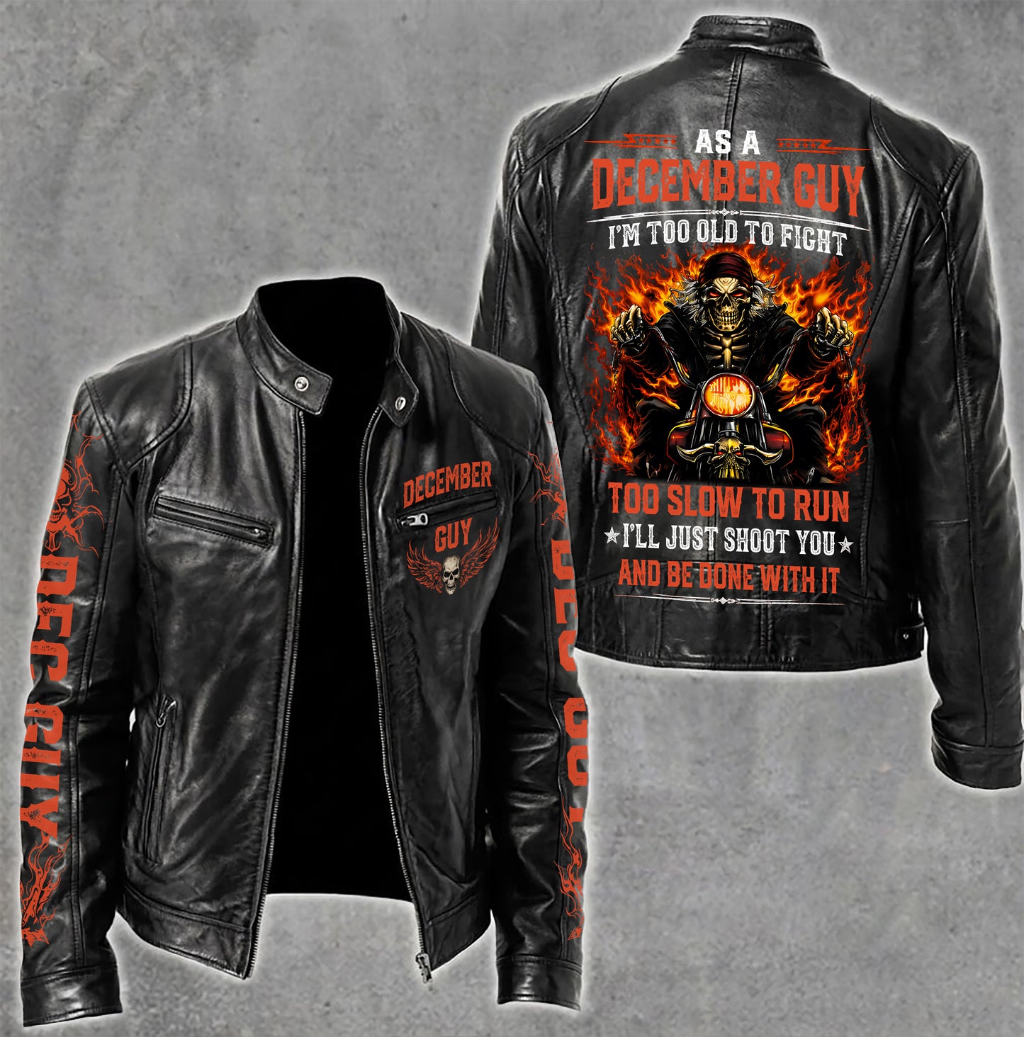 Motorcycle Leather Jacket - A09-258 DECEMBER, I'LL JUST SHOOT YOU AND BE DONE WITH IT - SNOW MALE12 (SKU2607-100-12)