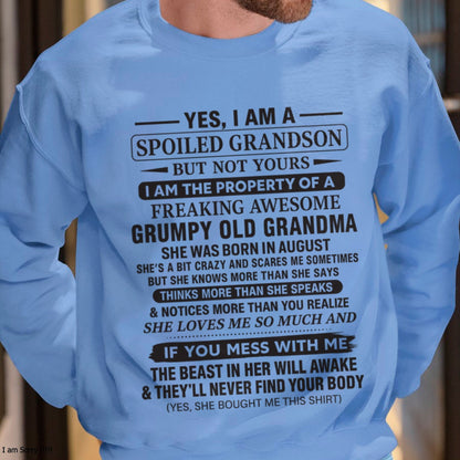 Yes I’m A Stubborn Grandson T-Shirt – Birthday Gift From August Grandma / Woman - snow08 (SKU10-171-08)
