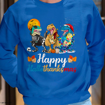 Halloween Thanksgiving Christmas Happy HalloThanksMas T rex T-Shirt - Christmas Unisex T-Shirt/Hoodie/Sweatshirt - SNOW00