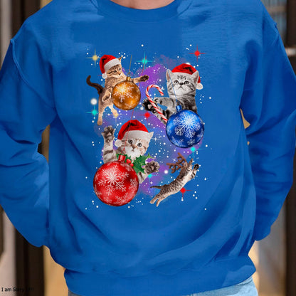 Cute Christmas Cats In Space Ornaments Graphic T-Shirt - Christmas Unisex T-Shirt/Hoodie/Sweatshirt - SNOW00