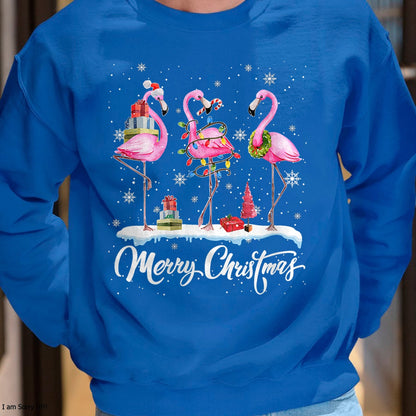 Merry Christmas Hat Santa Flamingo Light Christmas Snow T-Shirt - Christmas Unisex T-Shirt/Hoodie/Sweatshirt - SNOW00