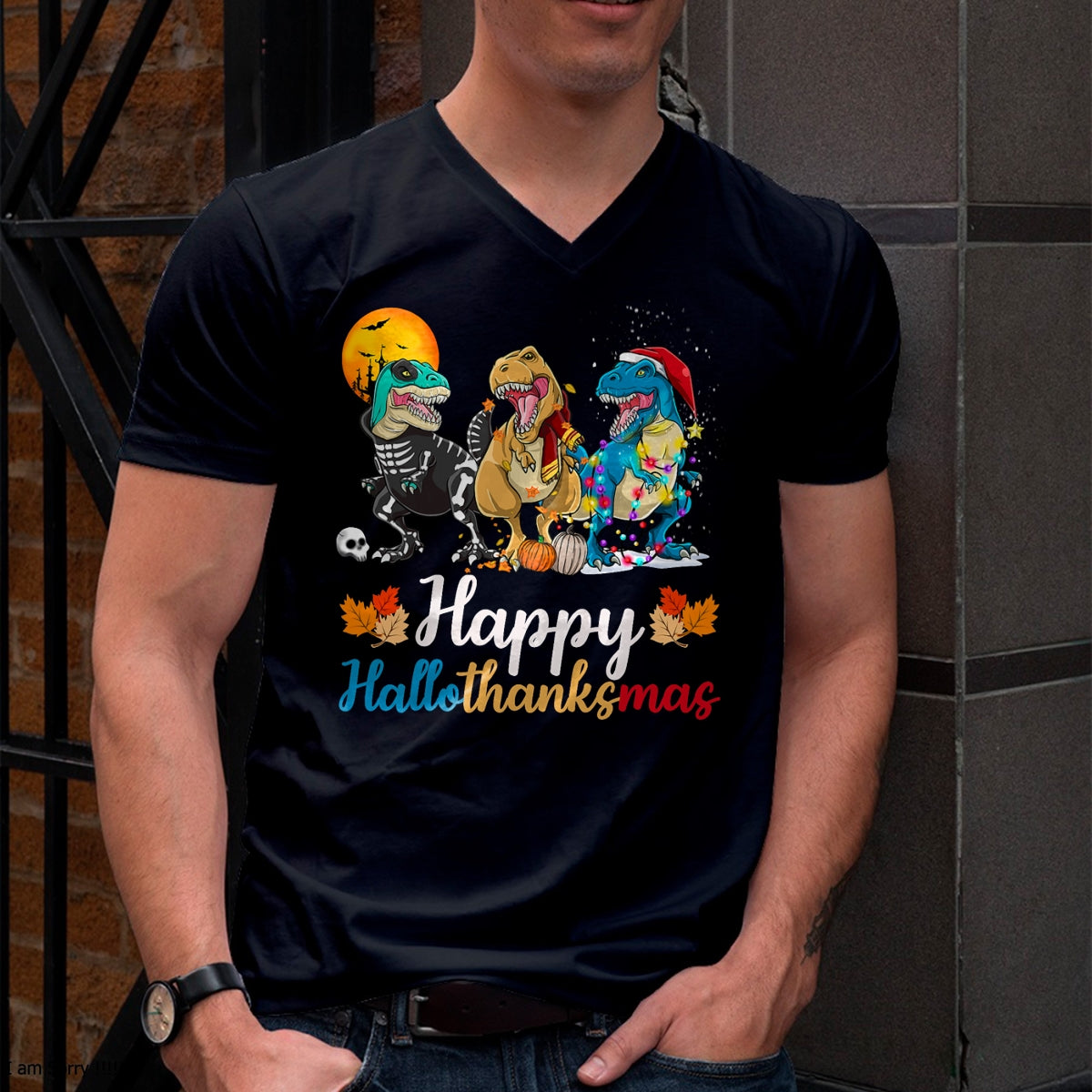 Halloween Thanksgiving Christmas Happy HalloThanksMas T rex T-Shirt - Christmas Unisex T-Shirt/Hoodie/Sweatshirt - SNOW00