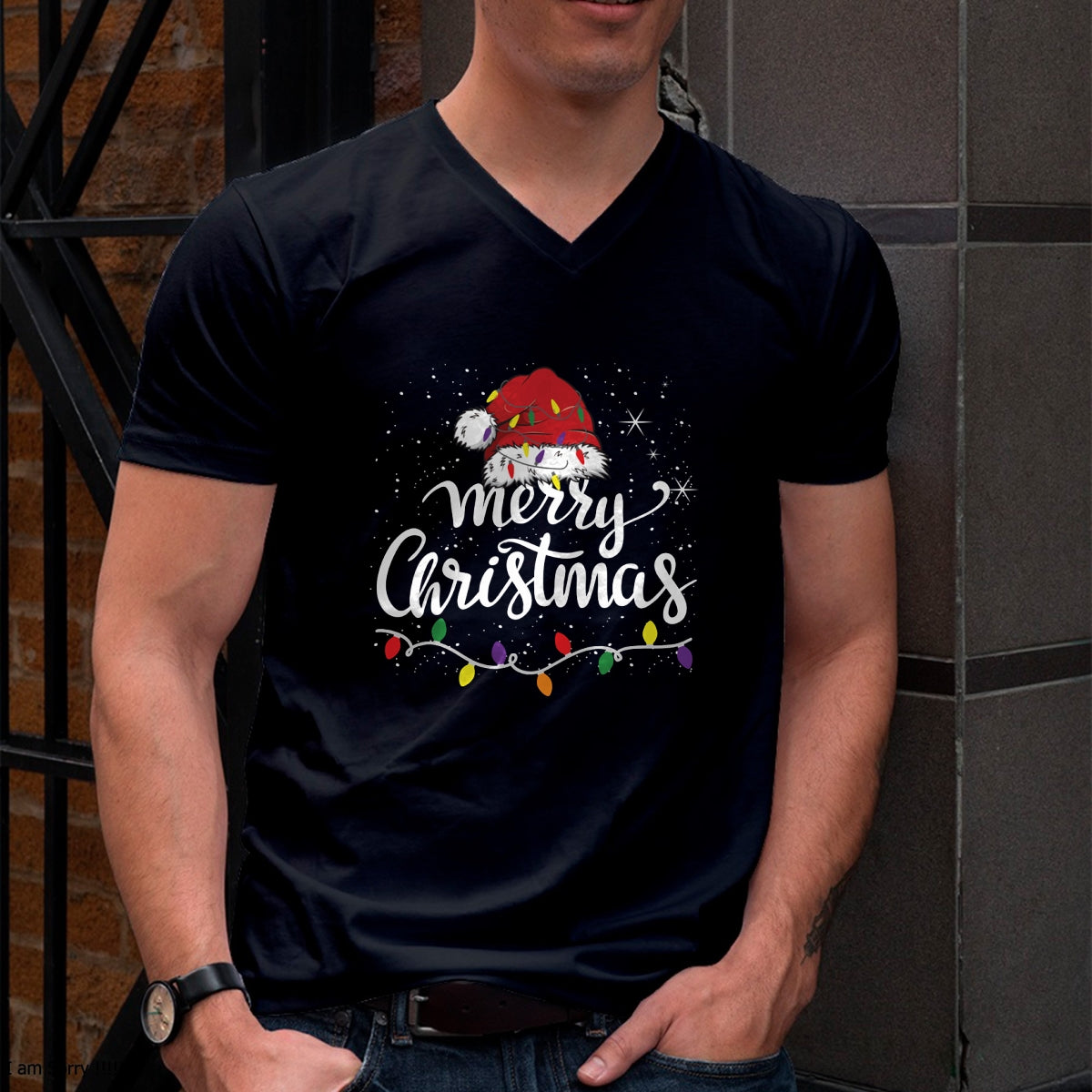 Merry Christmas Lights Red Santa Hat Xmas Family Men Women Pullover - Christmas Unisex T-Shirt/Hoodie/Sweatshirt - SNOW00