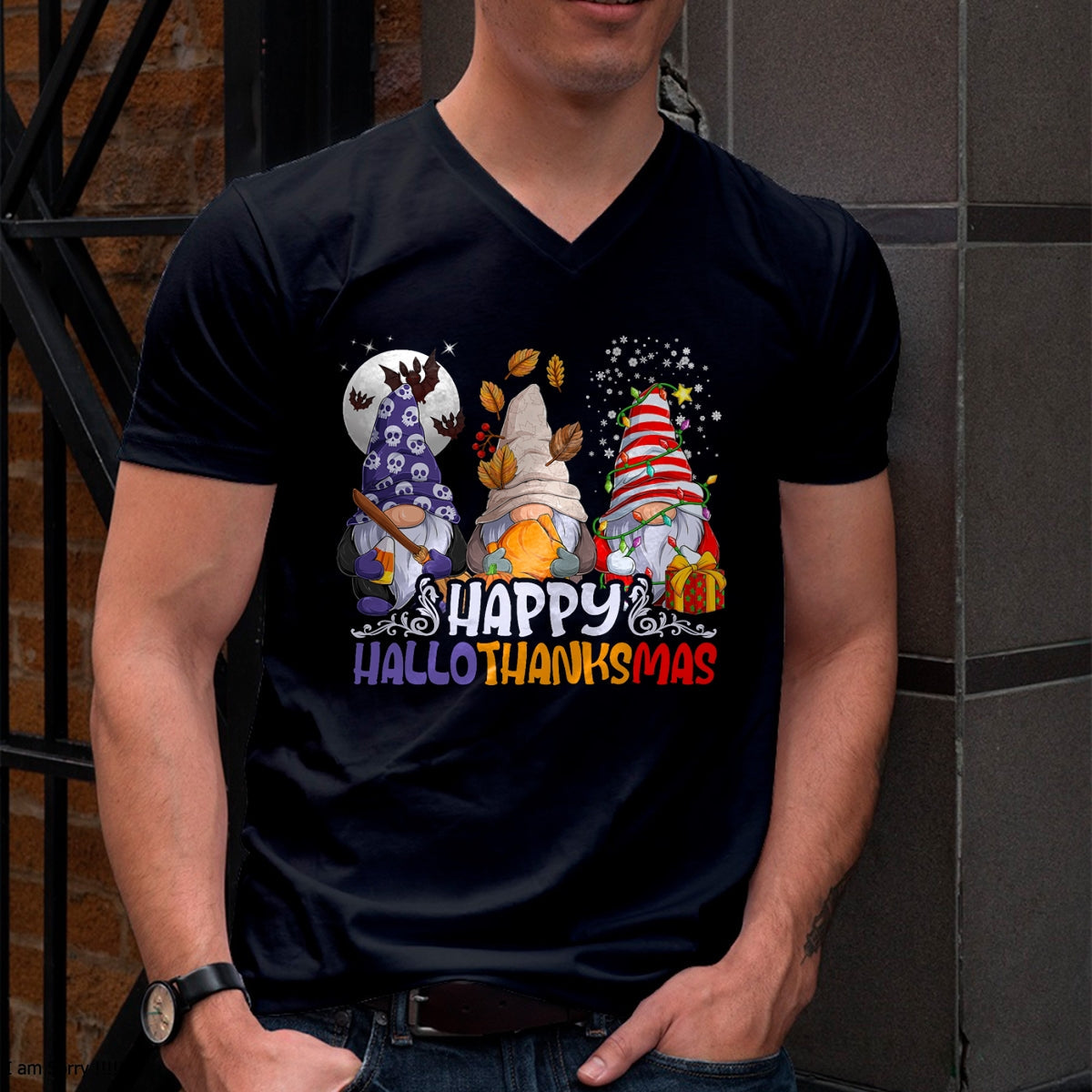 HalloThanksMas Gnomes Halloween Thanksgiving Christmas Happy T-Shirt - Christmas Unisex T-Shirt/Hoodie/Sweatshirt - SNOW00