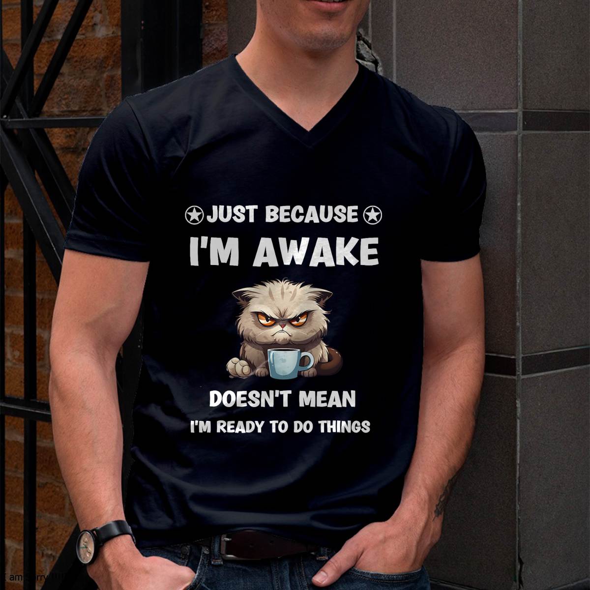 Just Because I'm Awake Funny Cat With Coffee for Tweens T-Shirt