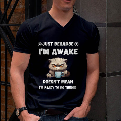 Just Because I'm Awake Funny Cat With Coffee for Tweens T-Shirt