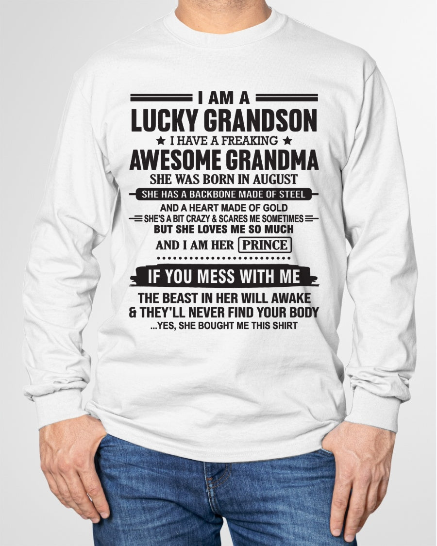 I Am A Lucky Grandson T-Shirt – Birthday Gift From August Grandma / Woman - snow08 (SKU11-29-08)