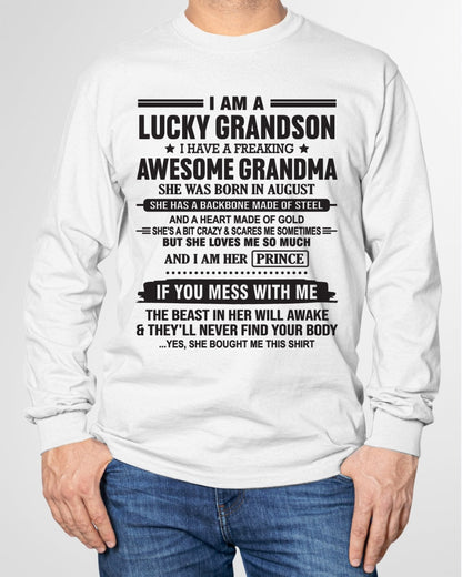 I Am A Lucky Grandson T-Shirt – Birthday Gift From August Grandma / Woman - snow08 (SKU11-29-08)