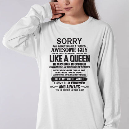 October - Sorry I am already taken by a freaking awesome guy - Gift for Wife From Husband - SNOW10 (SKU08-25-10)