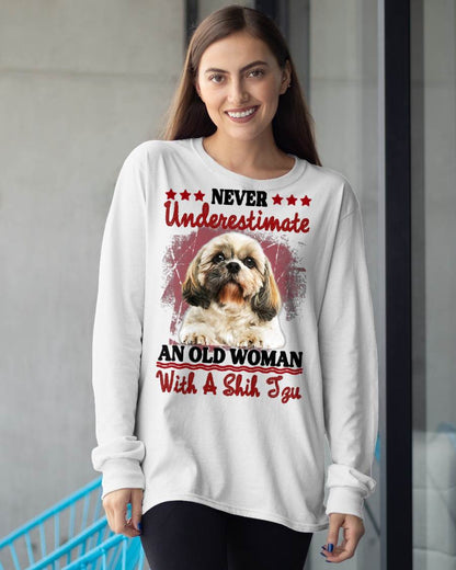 Never Underestimate Old Woman with A Shih Tzu Puppy Face T-Shirt