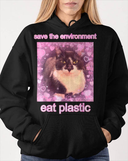 Save The Environment Eat Plastic Funny Cute Cat Meme T-Shirt