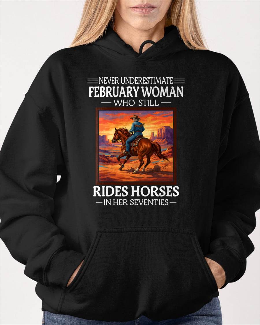 FEBRUARY SHIRT, A WOMAN WHO STILL RIDES HORSES IN HER SEVENTIES - SNOW02 (SKU2604-289-02)