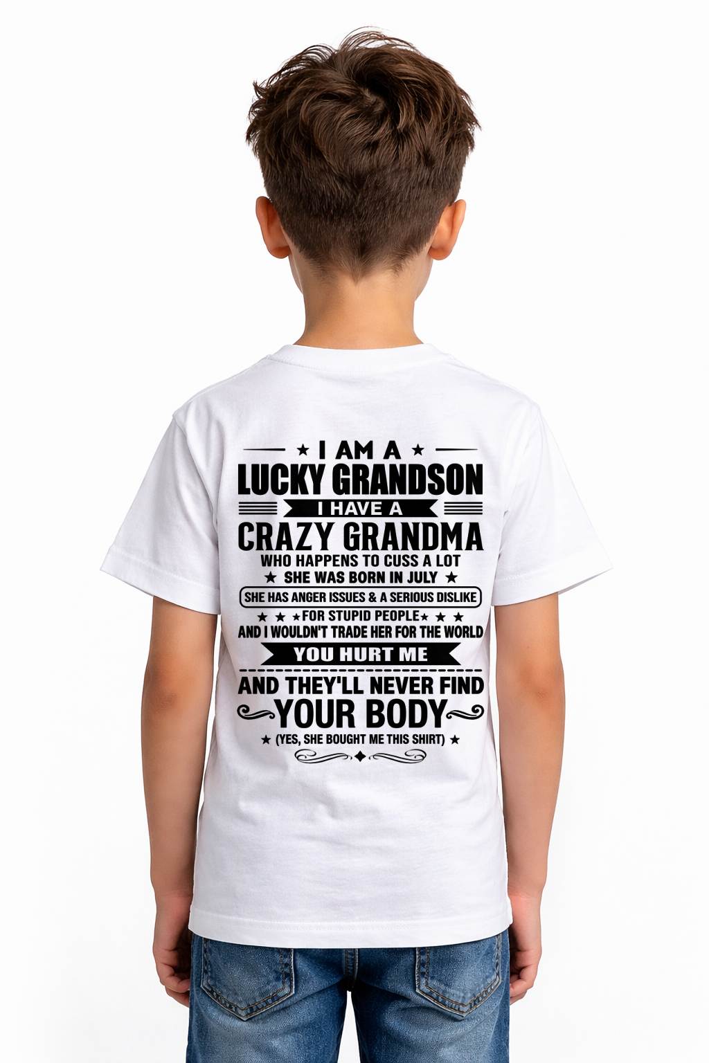 JULY, I AM A LUCKY GRANDSON, GIFT SHIRT FROM GRANDMA FOR GRANDSON - SNOW07 (SKU2607-109-07)