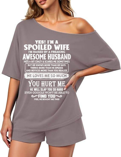 Off-center collar top and shorts set A09-763. I'M A SPOILED WIFE OF AN AWESOME MAN - GIFT SHIRT FROM HUSBAND TO WIFE (SKU2607-188-00)
