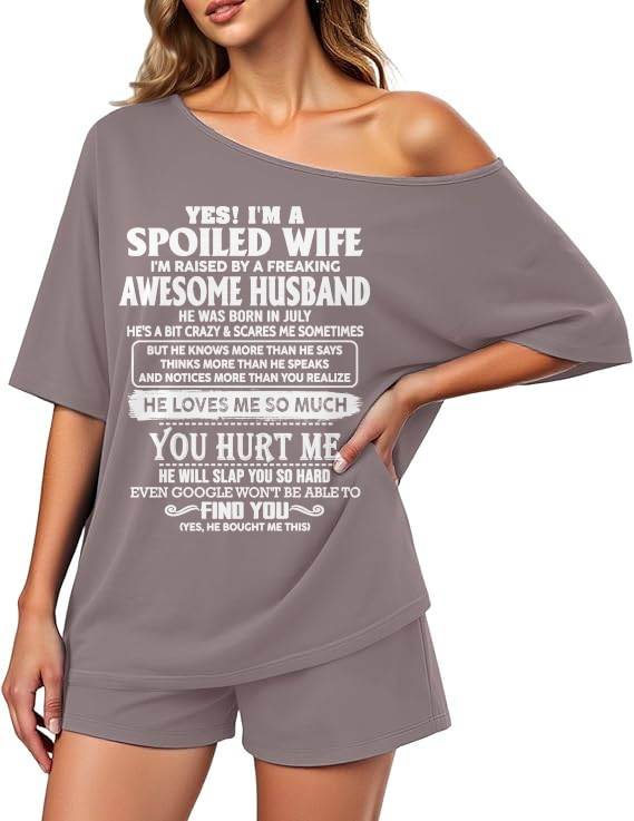 Off-center collar top and shorts set A09-763. JULY, I'M A SPOILED WIFE OF AN AWESOME MAN - GIFT SHIRT FROM HUSBAND TO WIFE (SKU2607-188-07)