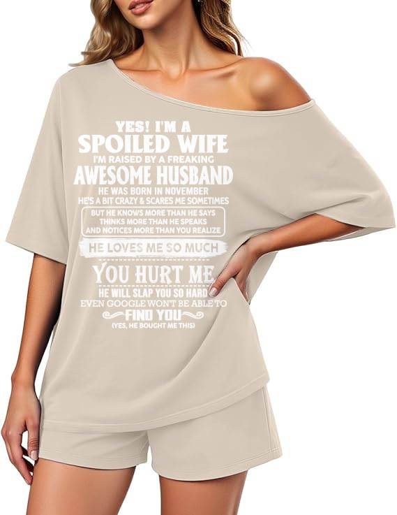 Off-center collar top and shorts set A09-763. NOVEMBER, I'M A SPOILED WIFE OF AN AWESOME MAN - GIFT SHIRT FROM HUSBAND TO WIFE (SKU2607-188-11)