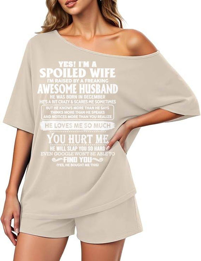 Off-center collar top and shorts set A09-763. DECEMBER, I'M A SPOILED WIFE OF AN AWESOME MAN - GIFT SHIRT FROM HUSBAND TO WIFE (SKU2607-188-12)