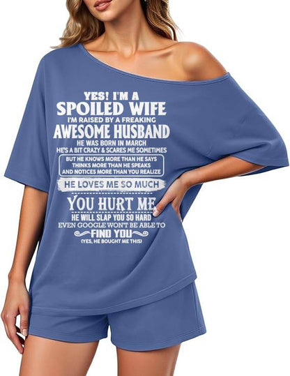 Off-center collar top and shorts set A09-763. MARCH, I'M A SPOILED WIFE OF AN AWESOME MAN - GIFT SHIRT FROM HUSBAND TO WIFE (SKU2607-188-03)