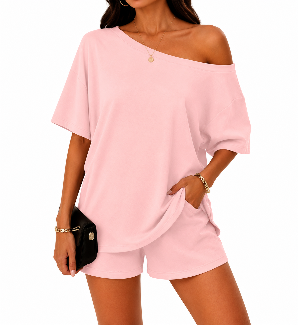 Off-center collar top and shorts set A09-763