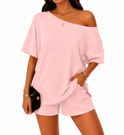 Off-center collar top and shorts set A09-763