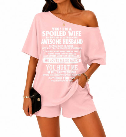 Off-center collar top and shorts set A09-763. AUGUST, I'M A SPOILED WIFE OF AN AWESOME MAN - GIFT SHIRT FROM HUSBAND TO WIFE (SKU2607-188-08)