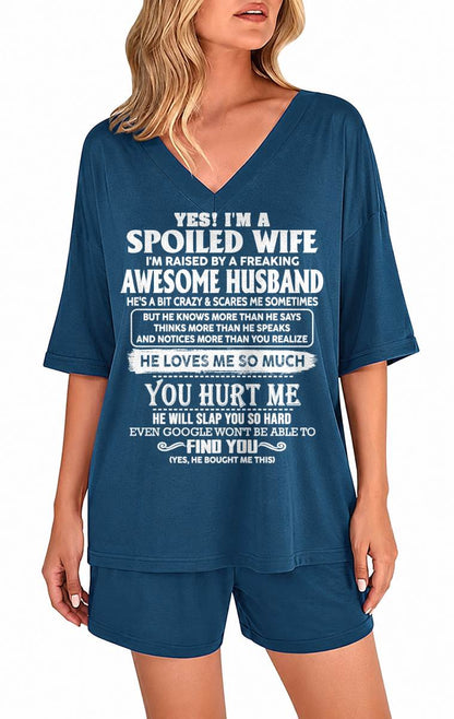 Ribbed V-Neck Lounge Set A09-764. I'M A SPOILED WIFE OF AN AWESOME MAN - GIFT SHIRT FROM HUSBAND TO WIFE (SKU2607-175-00)